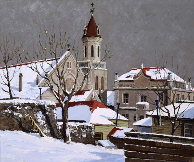 樋口洋「北の教会 函館(画集掲載作)」油絵・F20号 作品全体拡大画像