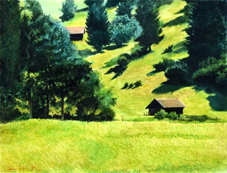 平井誠一「緑風」水彩画・6号 作品全体画像