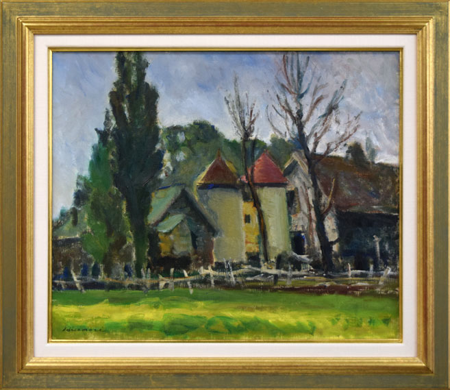 久守昭嘉(昭義)「サイロの見える風景(北海道)」油絵・F8号