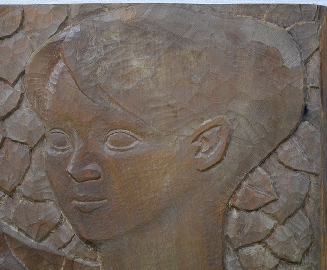 本田明二「母と子」木彫レリーフ作品 拡大画像1