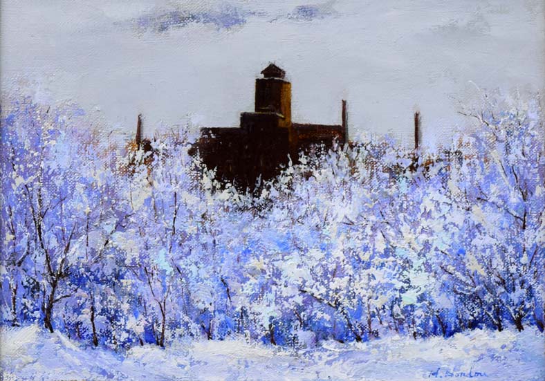 本藤等「北の学舎(北海道大学農学部)」油絵・F4号 作品全体拡大画像