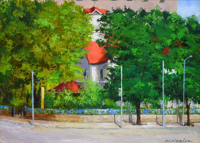 本藤等「夏の時計台」油絵・F4号 作品全体拡大画像