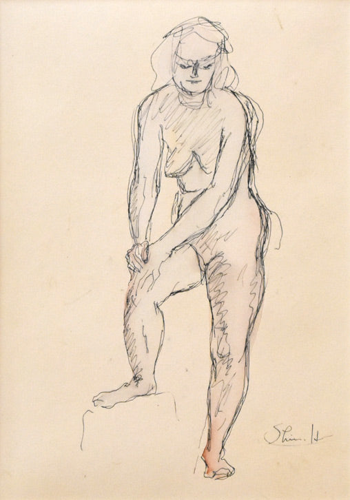 本郷新「裸婦」ペン・水彩画デッサン 作品全体拡大画像