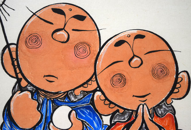 荘眠月(本庄基晃)「めおと地蔵之図」墨彩画 拡大画像4