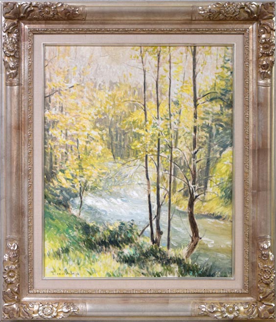 本間武男「初夏の谷川(スペイン)」油絵・F15号