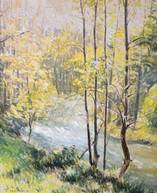 本間武男「初夏の谷川(スペイン)」油絵・F15号 作品全体拡大画像