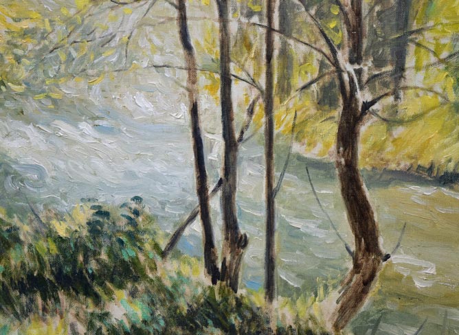 本間武男「初夏の谷川(スペイン)」油絵・F15号 拡大画像4