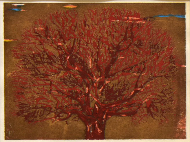 星襄一「赤い木」木版画 作品全体拡大画像