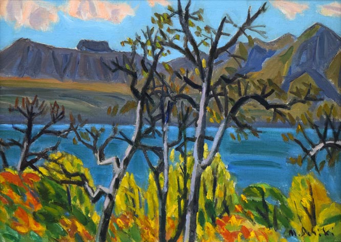 一木万寿三「支笏湖(樽前山)」油絵・F4号 作品全体拡大画像