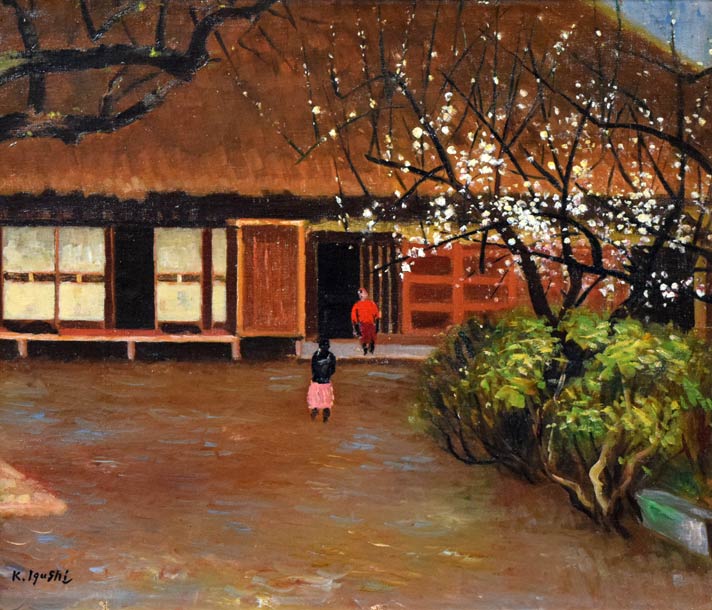居串佳一「梅咲く農家」油絵・F10号 作品拡大部分