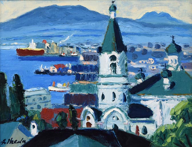 池田甚三郎「教會と港(函館)」油絵・F6号 作品全体拡大画像