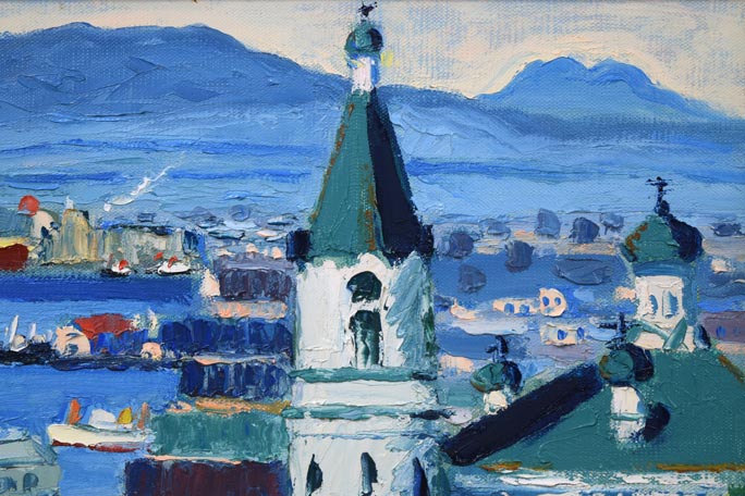池田甚三郎「教會と港(函館)」油絵・F6号 拡大画像1