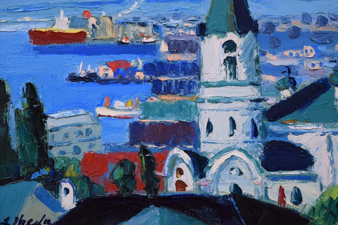 池田甚三郎「教會と港(函館)」油絵・F6号 拡大画像2