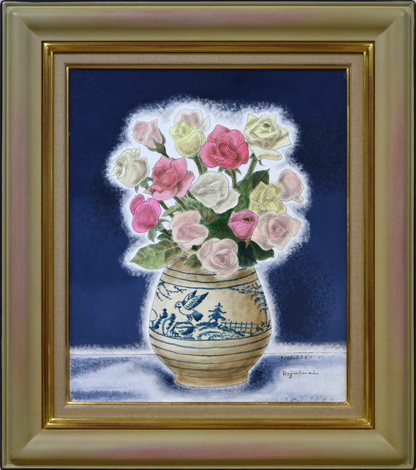 絵画 油絵 青木今陽 静物画 ピンクの薔薇F4号 紫色の花と黄色い一輪の 