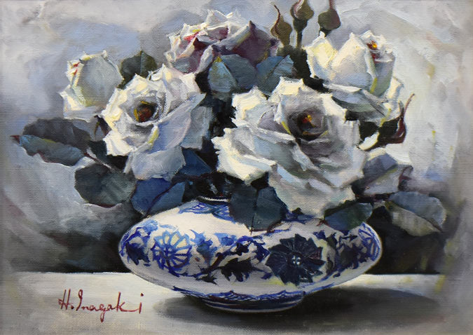 稲垣久治「渋草焼の壺」油絵・F4号 作品全体拡大画像