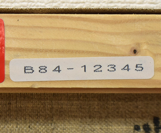 稲垣久治「渋草焼の壺」油絵・F4号 裏書き拡大画像(「一枚の繪」管理番号シール)