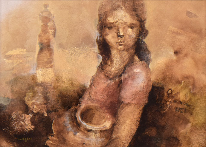 稲垣昌紀「壺を持つ少女（スリランカ）」油絵・P10号　作品全体拡大画像