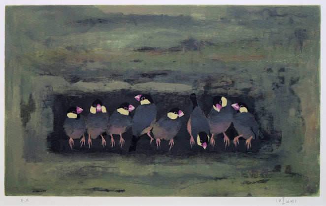 五百住乙人「文鳥」リトグラフ 作品全体拡大画像