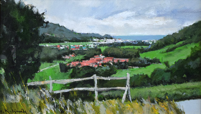 五十畑勝吉「日高種畜牧場」油絵・M6号 作品全体拡大画像