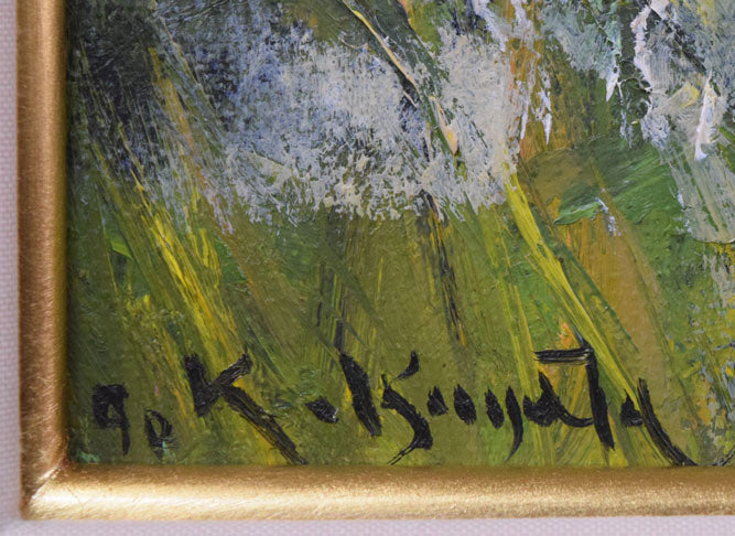 五十畑勝吉「日高種畜牧場」油絵・M6号 年記(1990年作)・サイン拡大画像