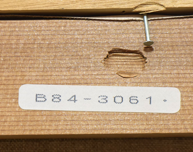 五十畑勝吉「北大附近」油絵・P8号 裏側拡大画像(「一枚の繪」管理番号シール)