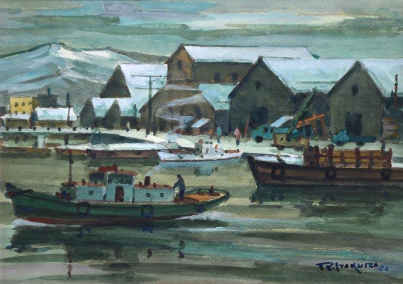 板倉力蔵「運河の冬(小樽)」水彩画 拡大部分