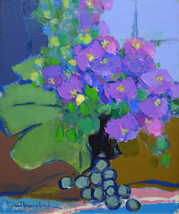 糸 大八「窓辺の花」油絵・F8号 拡大部分