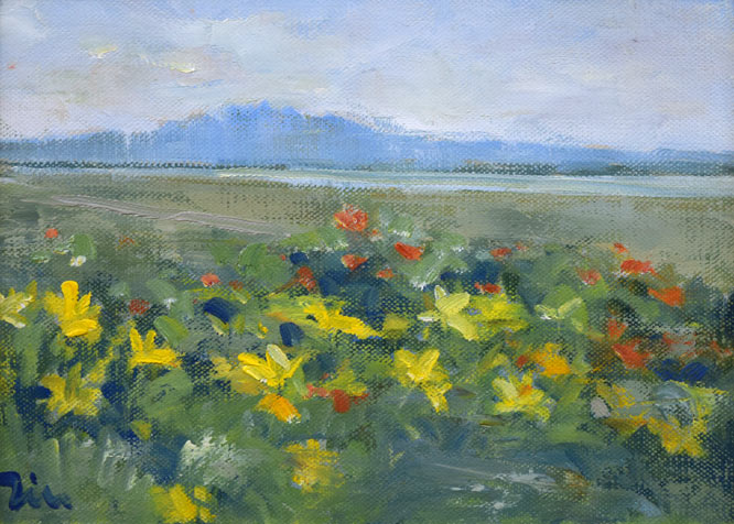 伊藤仁「小清水原生花園(斜里岳)」油絵・F4号 作品全体拡大画像