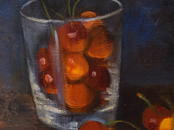 伊藤仁「静物画(さくらんぼ)」油絵・F3号 拡大画像1