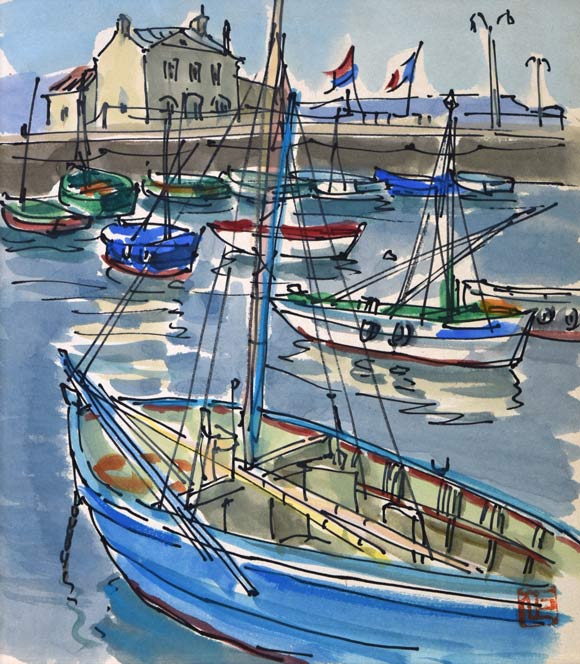 伊藤正「シェルブール(フランス)」水彩画 作品全体拡大画像