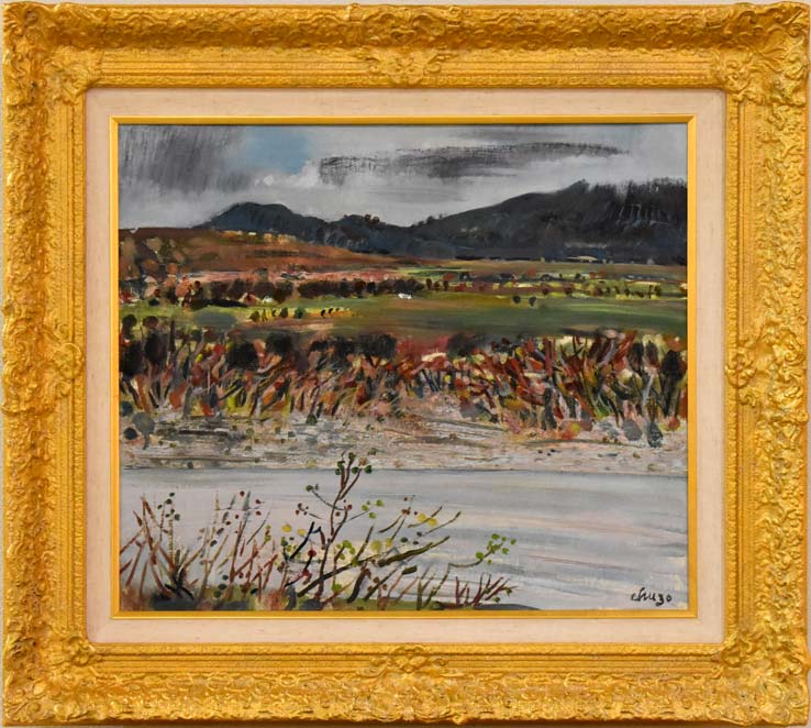 岩船修三「遊楽部川よりサランベ岳常円山を望む(八雲)」油絵・F10号