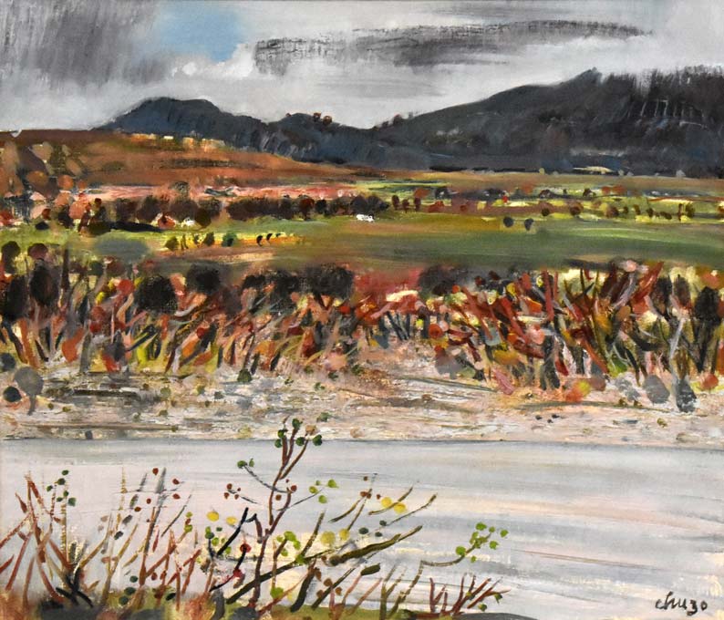 岩船修三「遊楽部川よりサランベ岳常円山を望む(八雲)」油絵・F10号 拡大部分