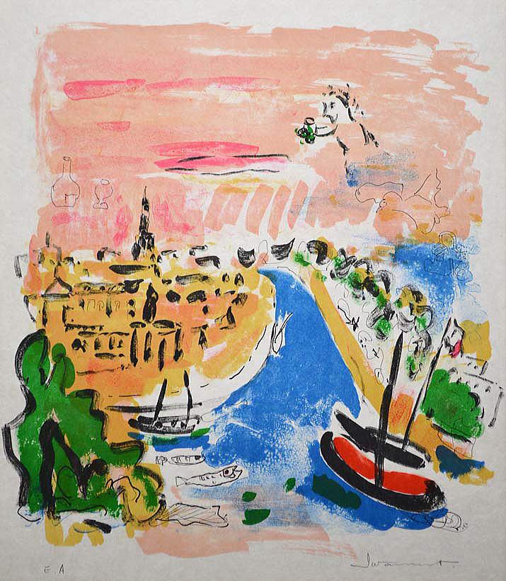 岩本 英希「シャラント河の夕暁」リトグラフ 拡大部分