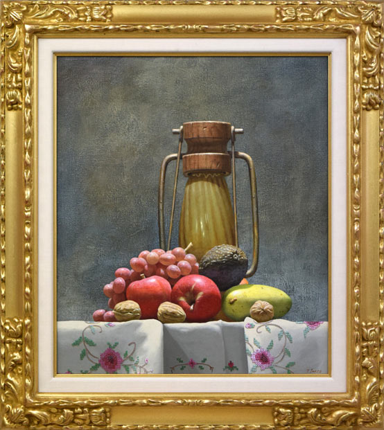 岩戸敏彦「ランプと果実」油絵・F10号