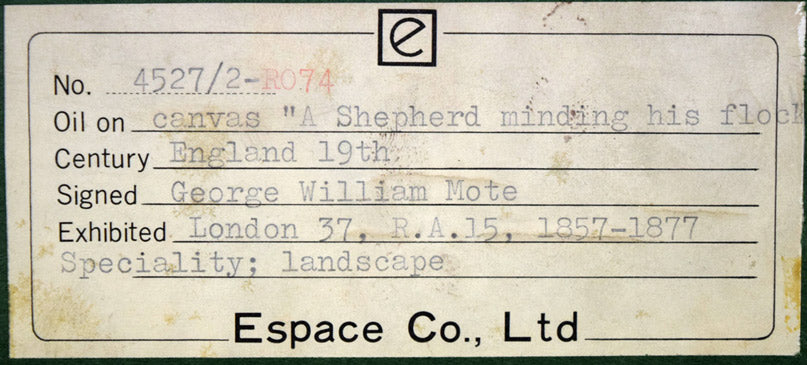 ジョージ W モート(GEORGE WILLIAM MOTE)「群れを気遣う羊飼い(19世紀英国絵画)」油絵・変形25号 作品シール部分