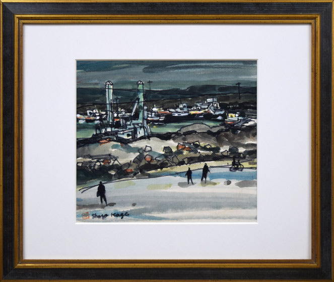 鹿毛正三「漁港風景(苫小牧)」水彩画・色紙