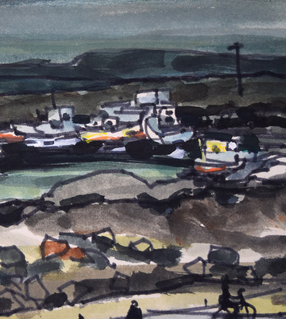 鹿毛正三「漁港風景(苫小牧)」水彩画・色紙 拡大画像2