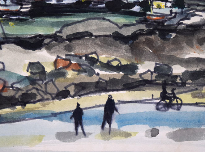 鹿毛正三「漁港風景(苫小牧)」水彩画・色紙 拡大画像4