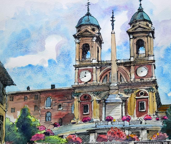 鶴十帆「ローマ」水彩画・10号 拡大画像1