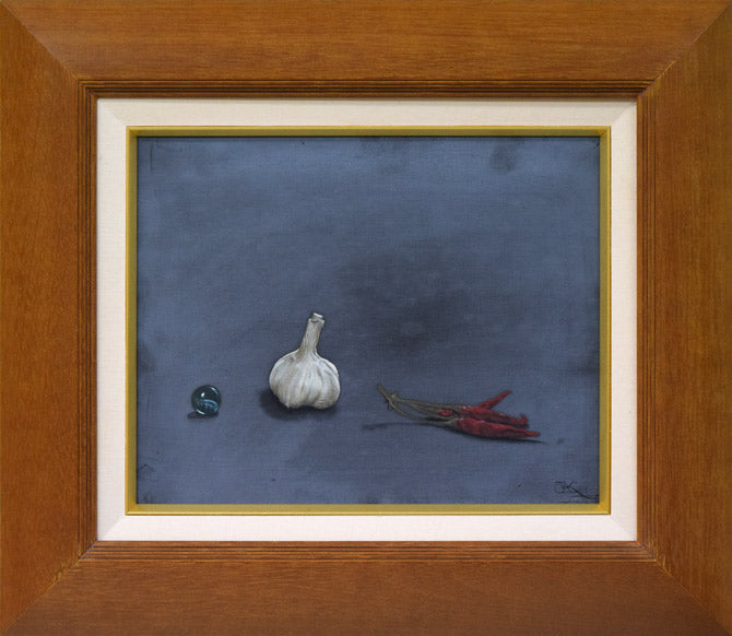 神近昭「蒜玉(サンギョク)と唐がらし」油絵・F3号