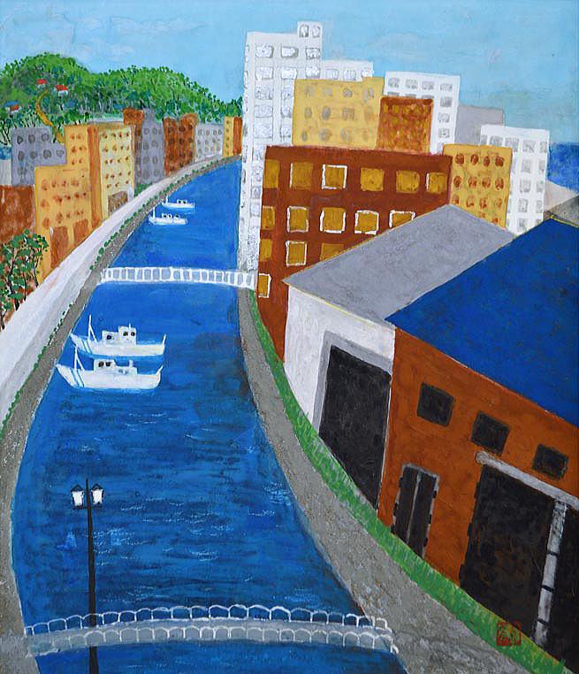 金田 敏「盛夏・小樽運河」日本画・F10号 拡大部分