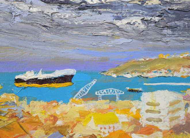 神田一明「港のある風景」油絵・F8号 拡大画像1