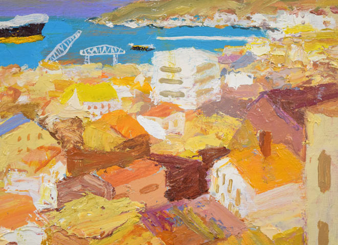 神田一明「港のある風景」油絵・F8号 拡大画像2