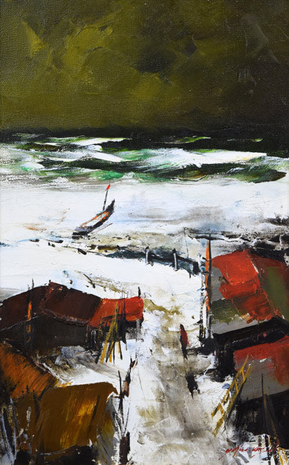 葛西四雄「北の漁村」油絵・M10号 作品全体拡大画像