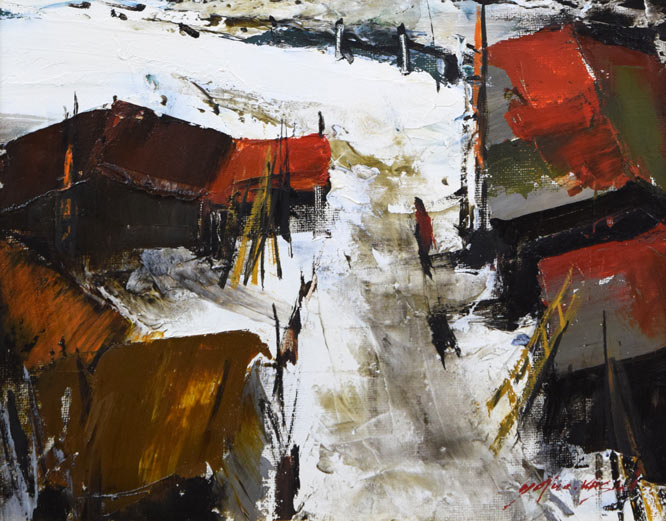 葛西四雄「北の漁村」油絵・M10号 拡大画像2