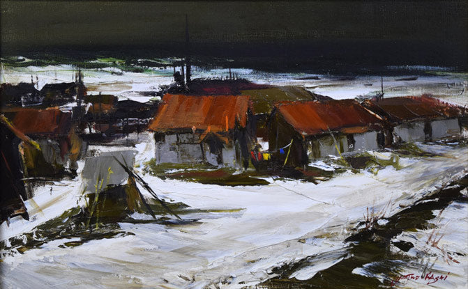 葛西四雄「北の漁村」油絵・M10号 作品全体拡大画像