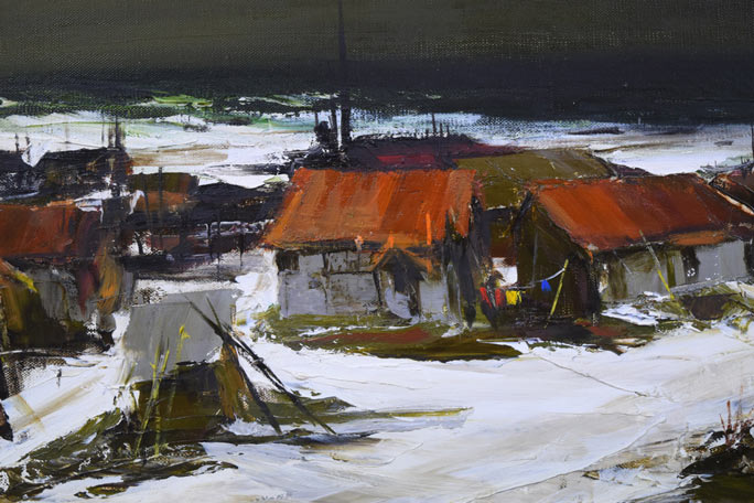 葛西四雄「北の漁村」油絵・M10号 拡大画像1