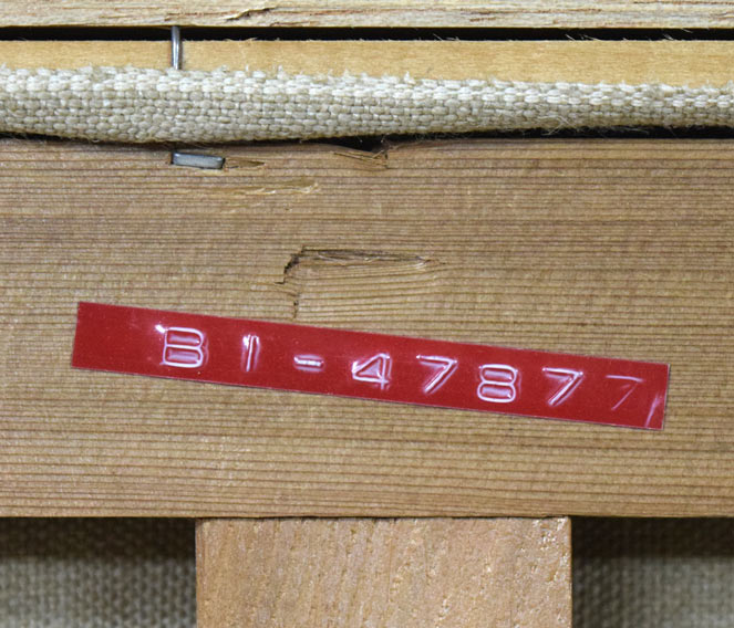 葛西四雄「北の漁村」油絵・M10号 裏側拡大画像1(管理番号シール)