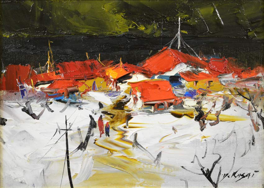 葛西四雄「雪の浜」油絵・F4号 拡大部分