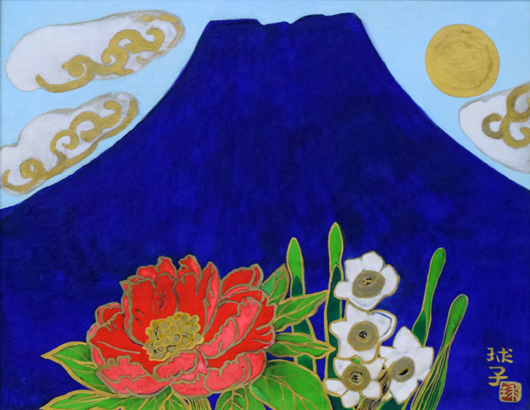 片岡球子「花咲く富士」日本画・F6号　作品全体拡大画像